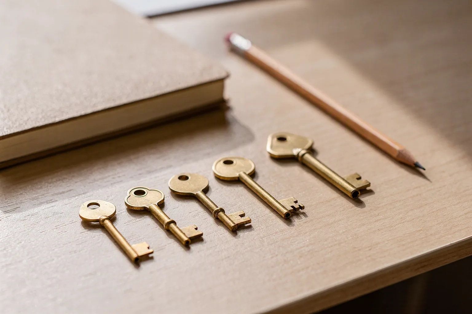 Five small brass keys of increasing size laid out in a row on a pale wood desk, next to a closed beige notebook and a pencil, in window light